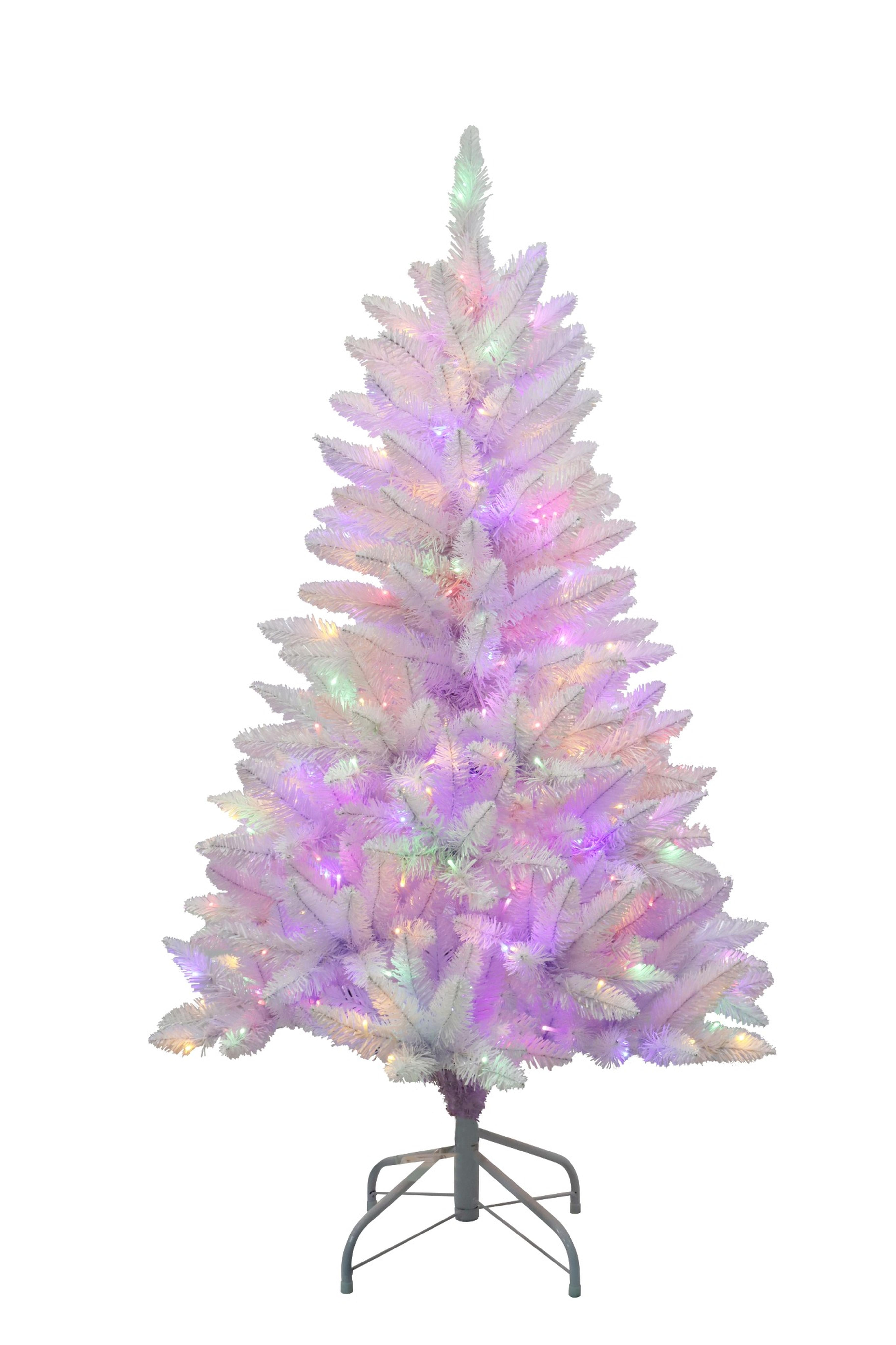 Puleo International 4.5ft Pre-Lit Evergreen Spruce Shiny White mixed with Dual Color LED Lights with Functions, Foot Pedal, and Remote Control